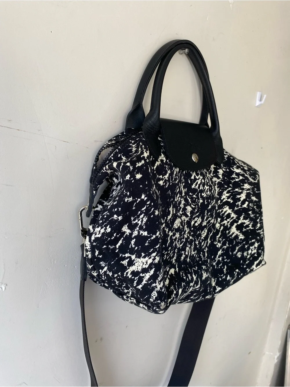 Longchamp Le Pliage Appaloosa Black White Coated Canvas Crossbody Bag Small